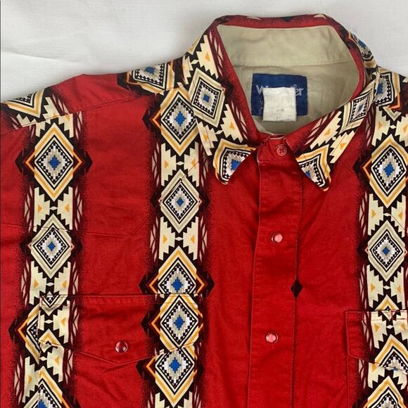 Wrangler mens XL vintage pearl snap Western Short sleeve button Red Cream Design - Picture 1 of 8